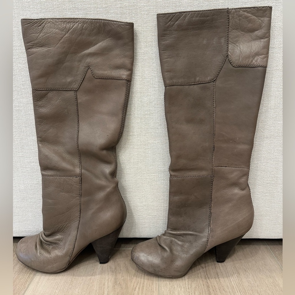 Aldo Tall Heeled Leather Boot in Taupe